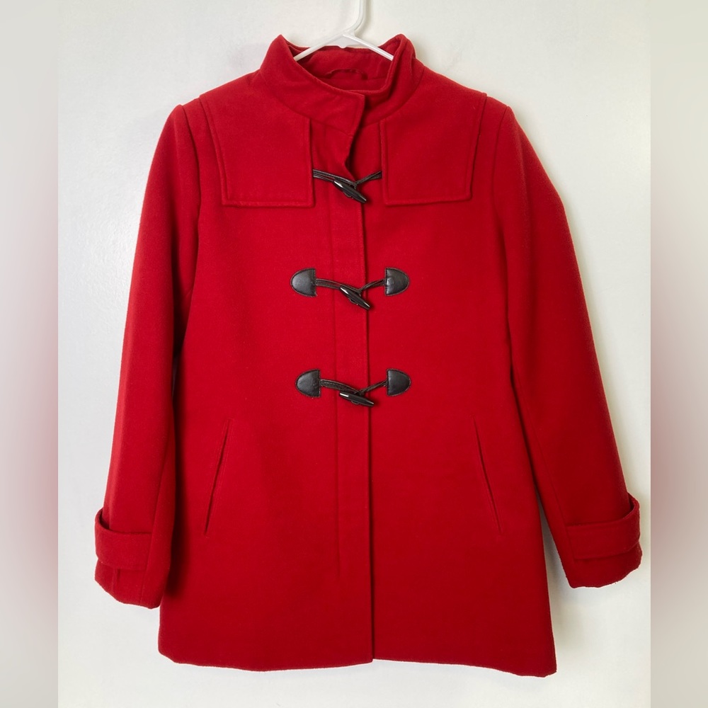 Red Pea Coat, Full Zip and Clasps, Size Large